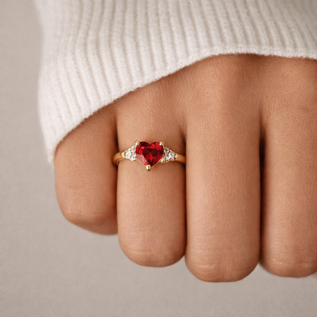 Gold ring with a red heart-shaped gemstone on a finger against a neutral background