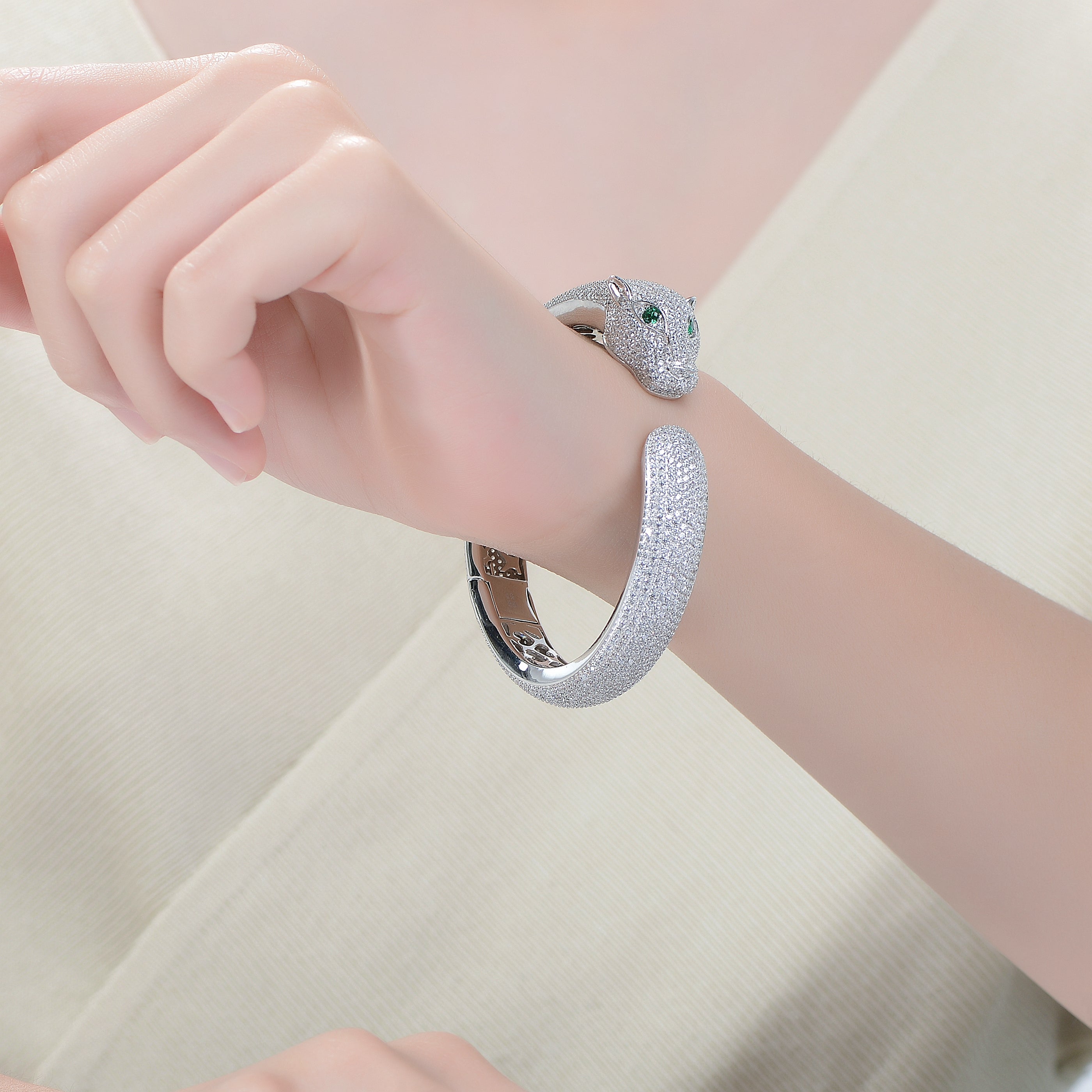 Simone Hinged Open Cuff Panther Bangle Bracelet GENEVIVE