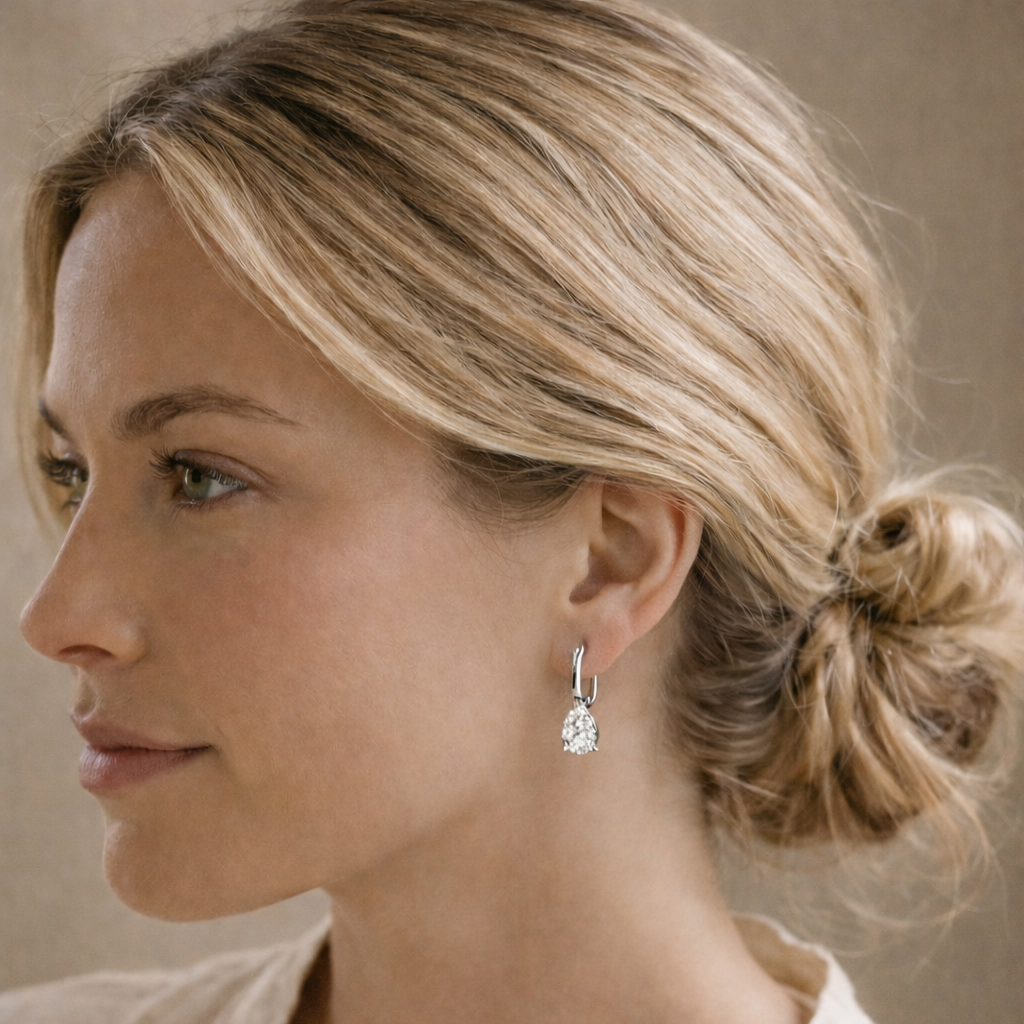 Woman wearing a diamond earring with a neutral background