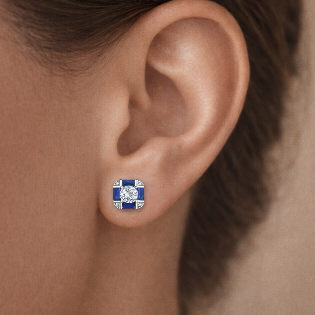Déco Geometric Blue Stud Couture Earrings GENEVIVE