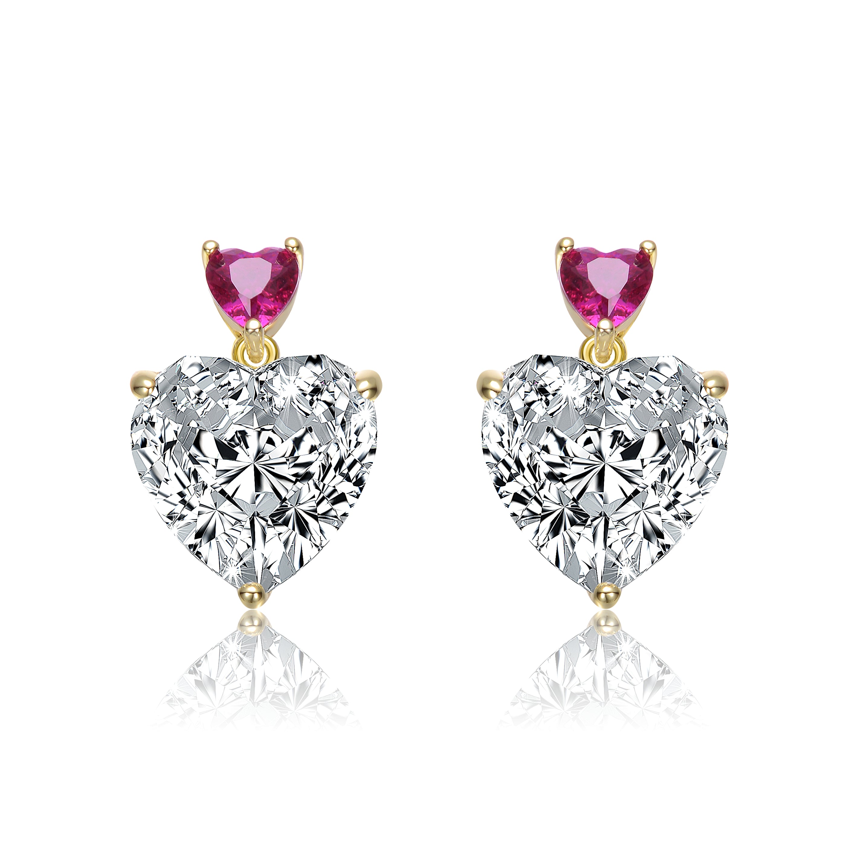 Sterling Silver 14k Gold Plated with Colored Cubic Zirconia Two-Stone Heart Dangle Earrings GENEVIVE