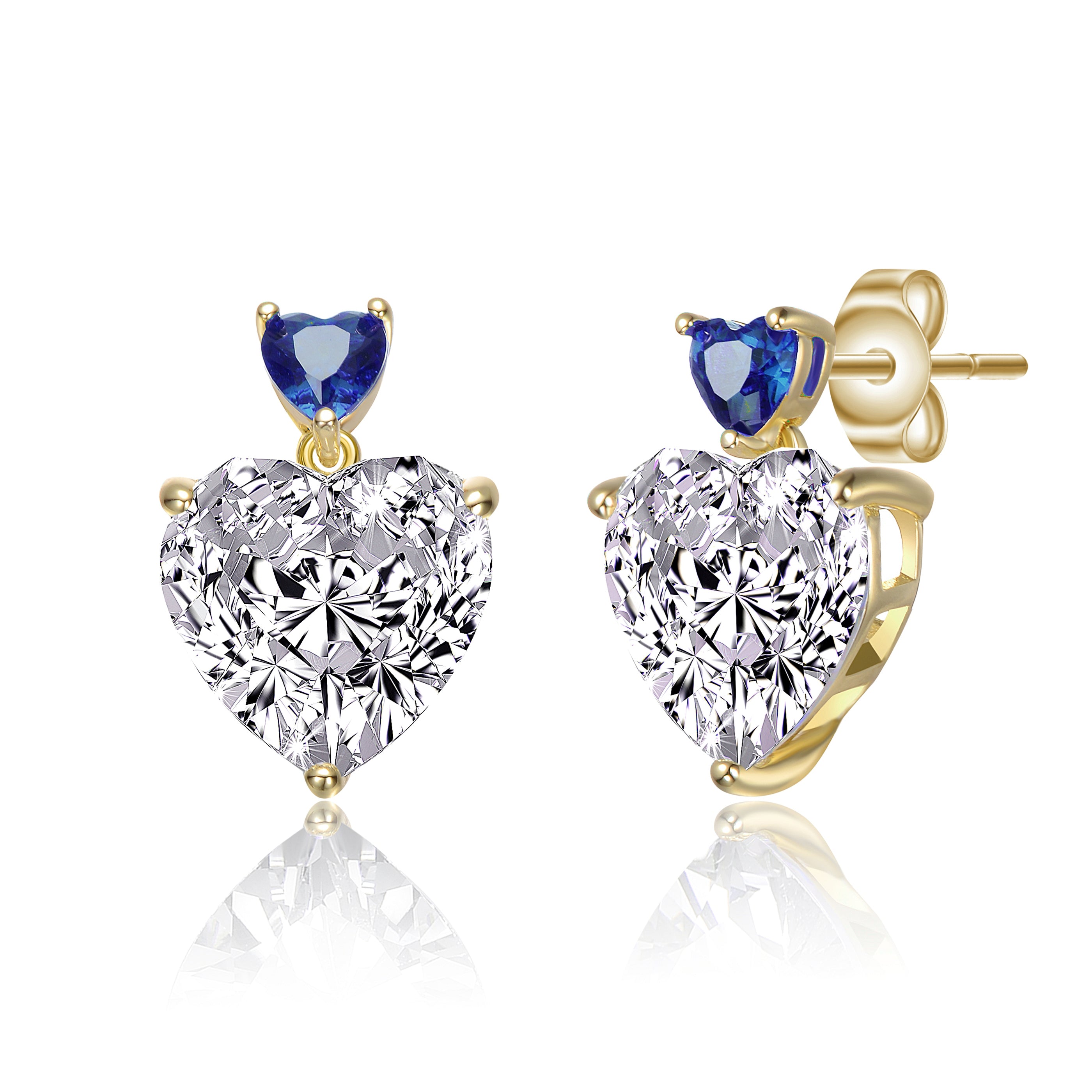 Sterling Silver 14k Gold Plated with Colored Cubic Zirconia Two-Stone Heart Dangle Earrings GENEVIVE