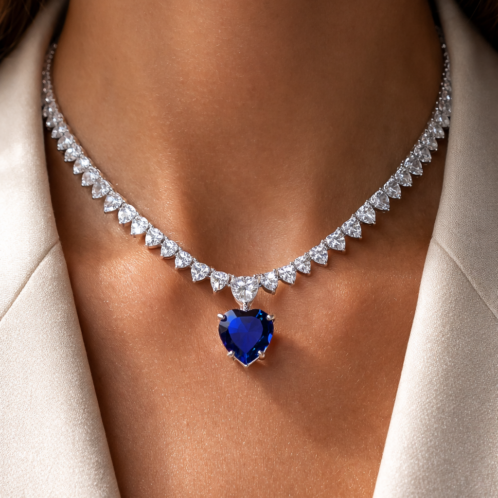Necklace with a blue heart-shaped gemstone and diamond-studded chain on a person wearing a white coat.