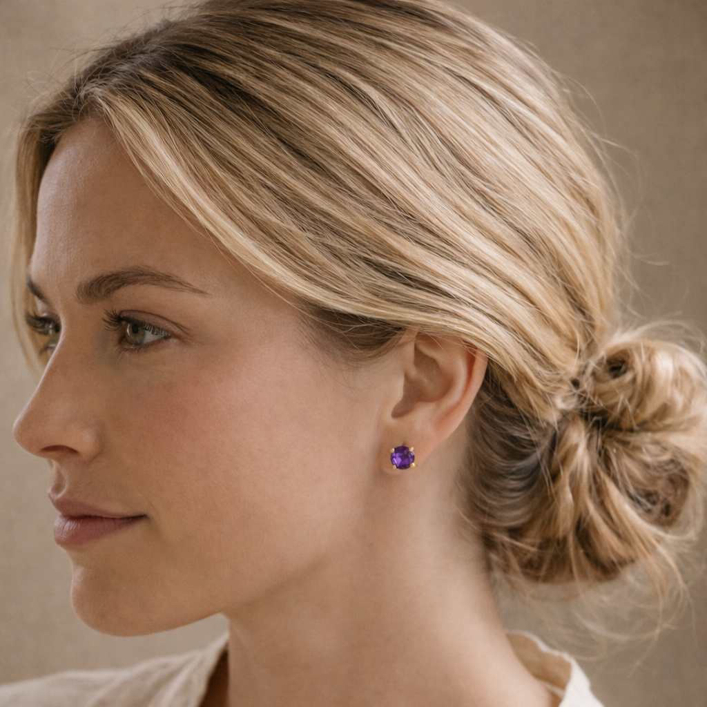 Woman with a bun hairstyle wearing a white shirt against a neutral background