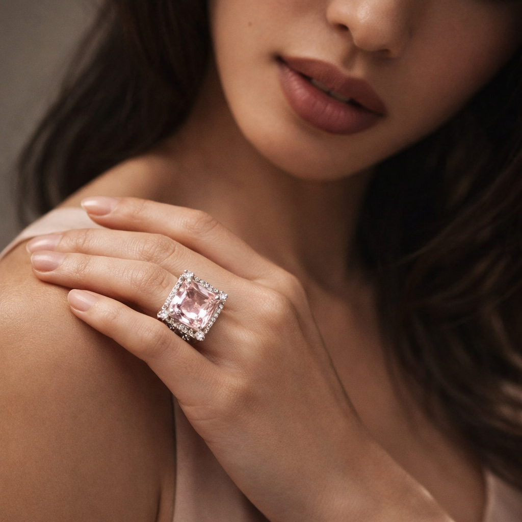 Close-up of a woman's hand wearing a pink gemstone ring on a neutral background