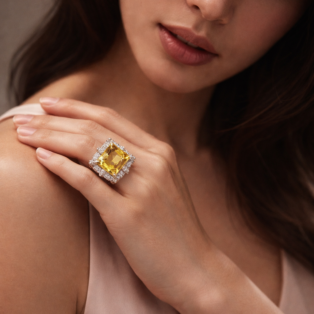 Woman wearing a ring with a yellow gemstone on a neutral background