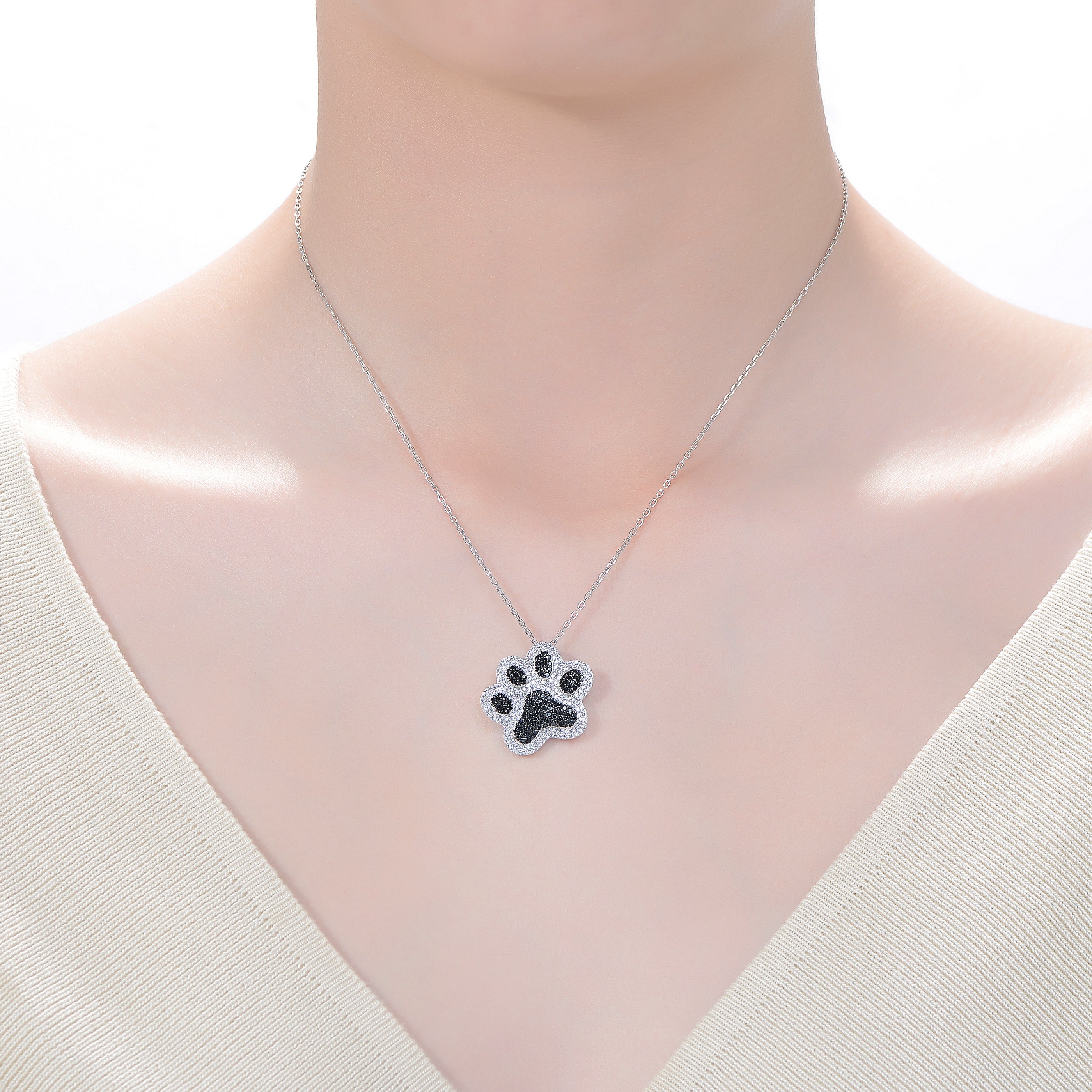 Danielle Black & White Cubic Zirconia Cat Dog Pet Paw Pendant GENEVIVE