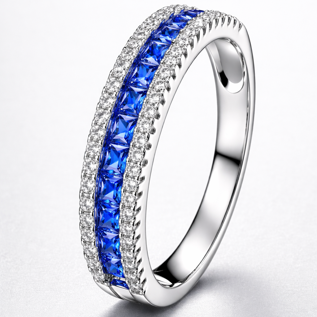 Silver ring with blue gemstones on a white background