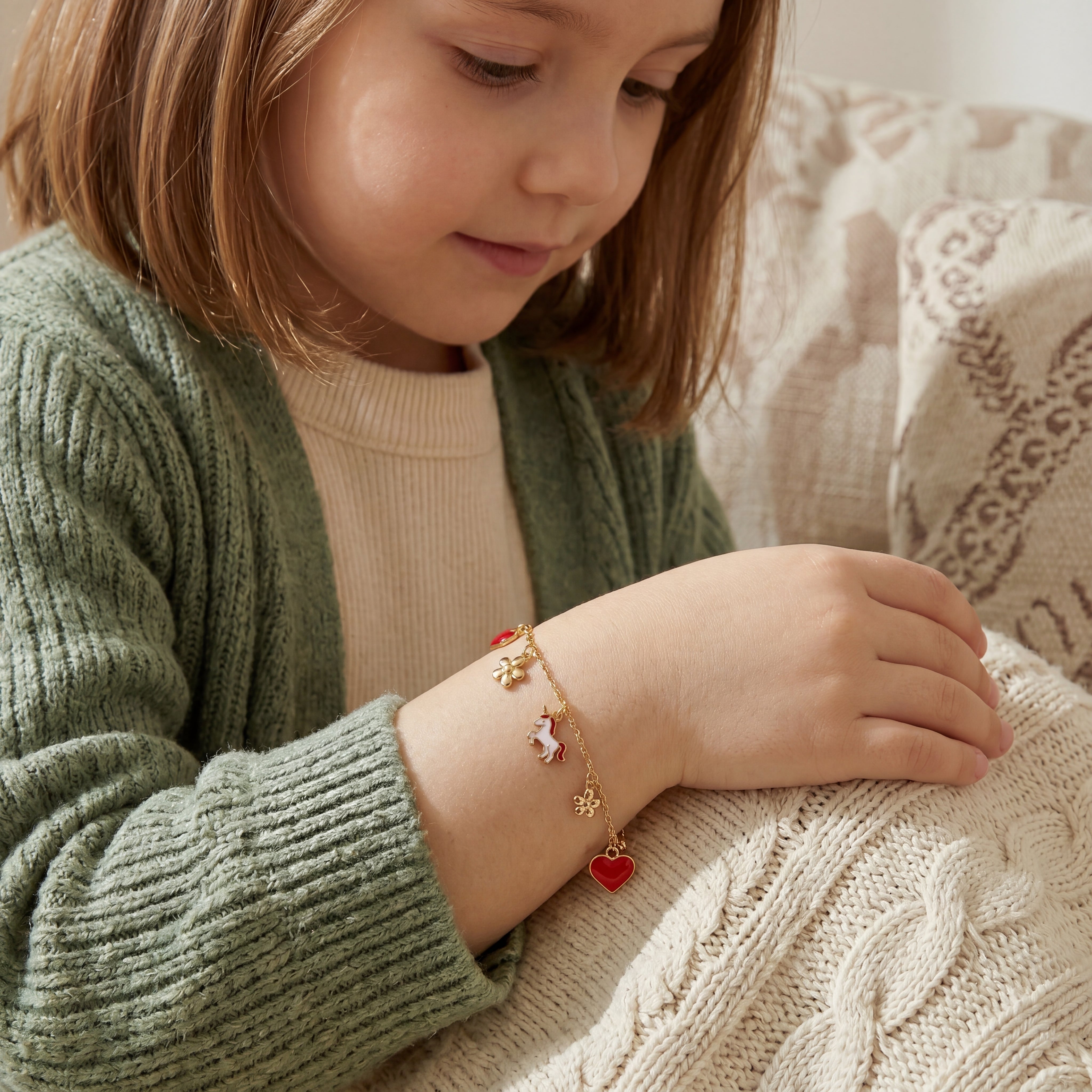 Kids 14K Gold Plated with Clear Cubic Zirconia, Flower & Red Enamel Heart Charm Bracelet GENEVIVE