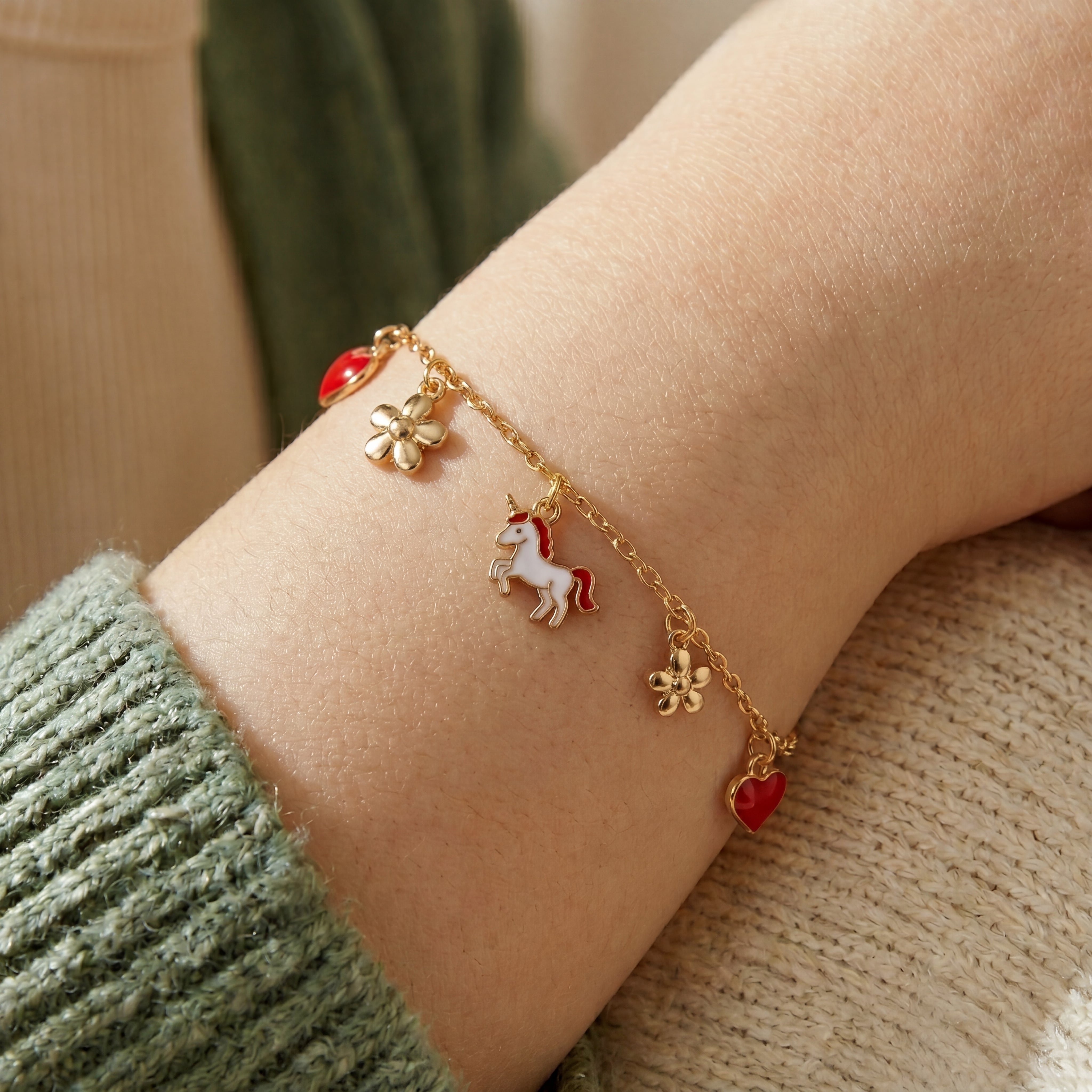 Kids 14K Gold Plated with Clear Cubic Zirconia, Flower & Red Enamel Heart Charm Bracelet GENEVIVE