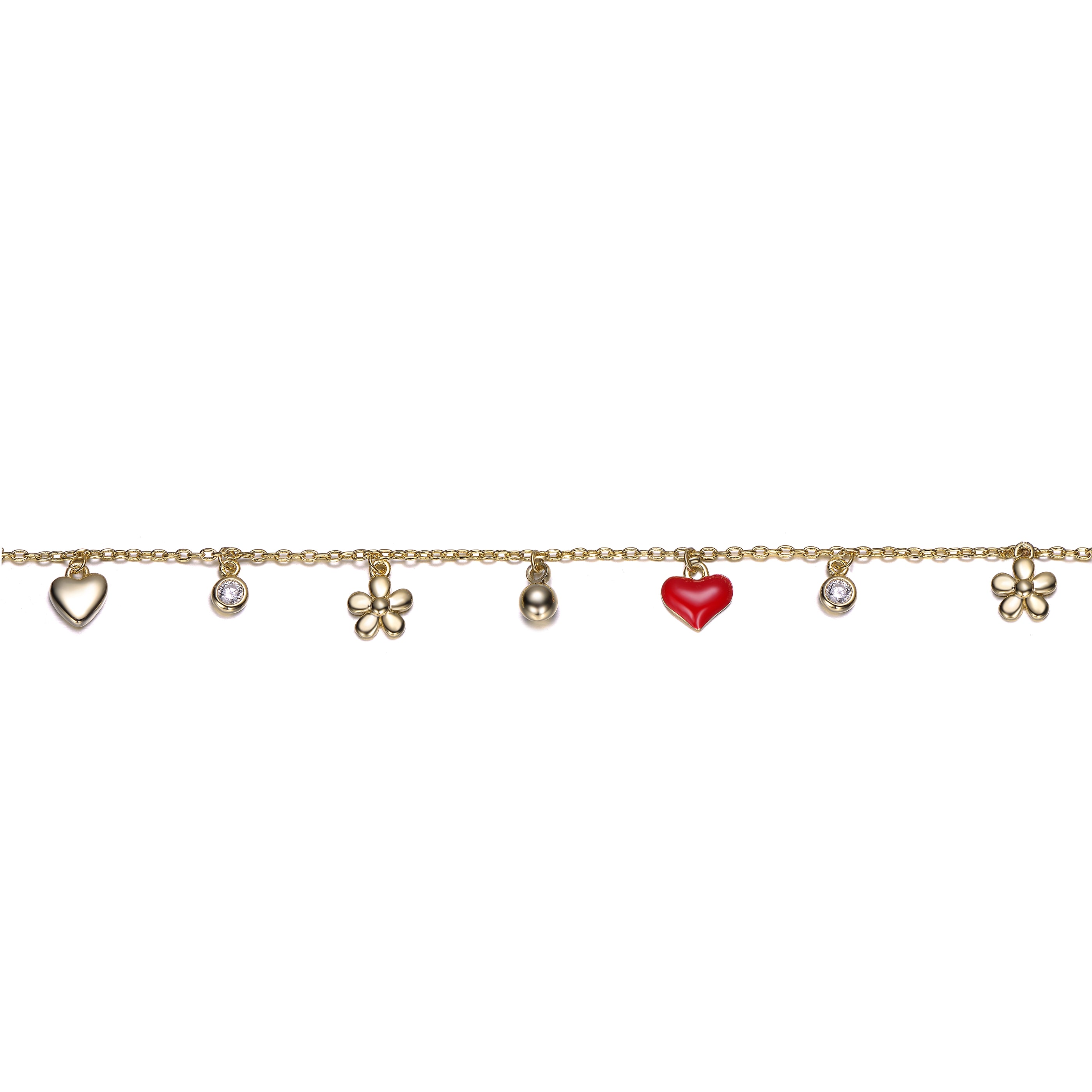 Kids 14K Gold Plated with Clear Cubic Zirconia, Flower & Red Enamel Heart Charm Bracelet GENEVIVE