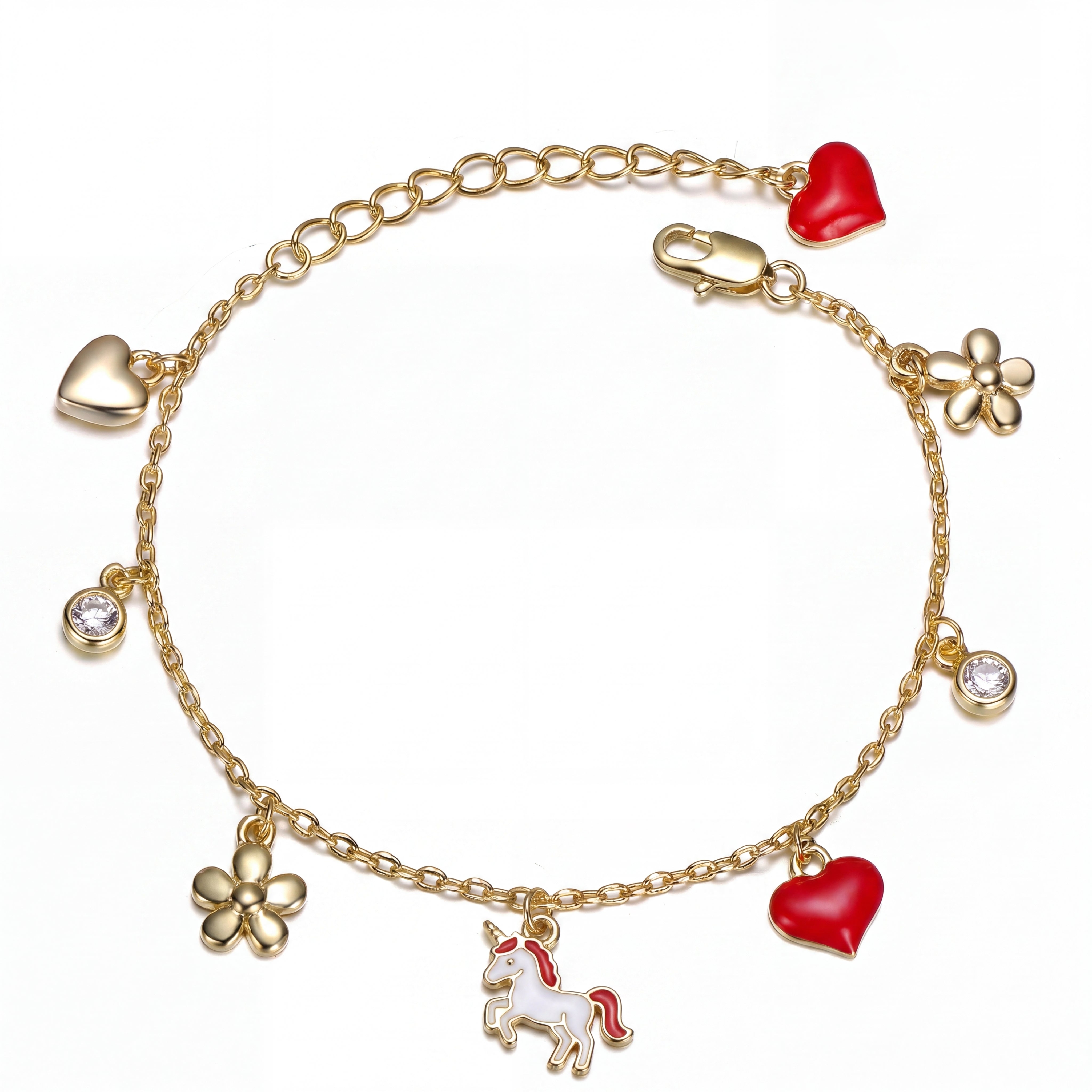 Kids 14K Gold Plated with Clear Cubic Zirconia, Flower & Red Enamel Heart Charm Bracelet GENEVIVE