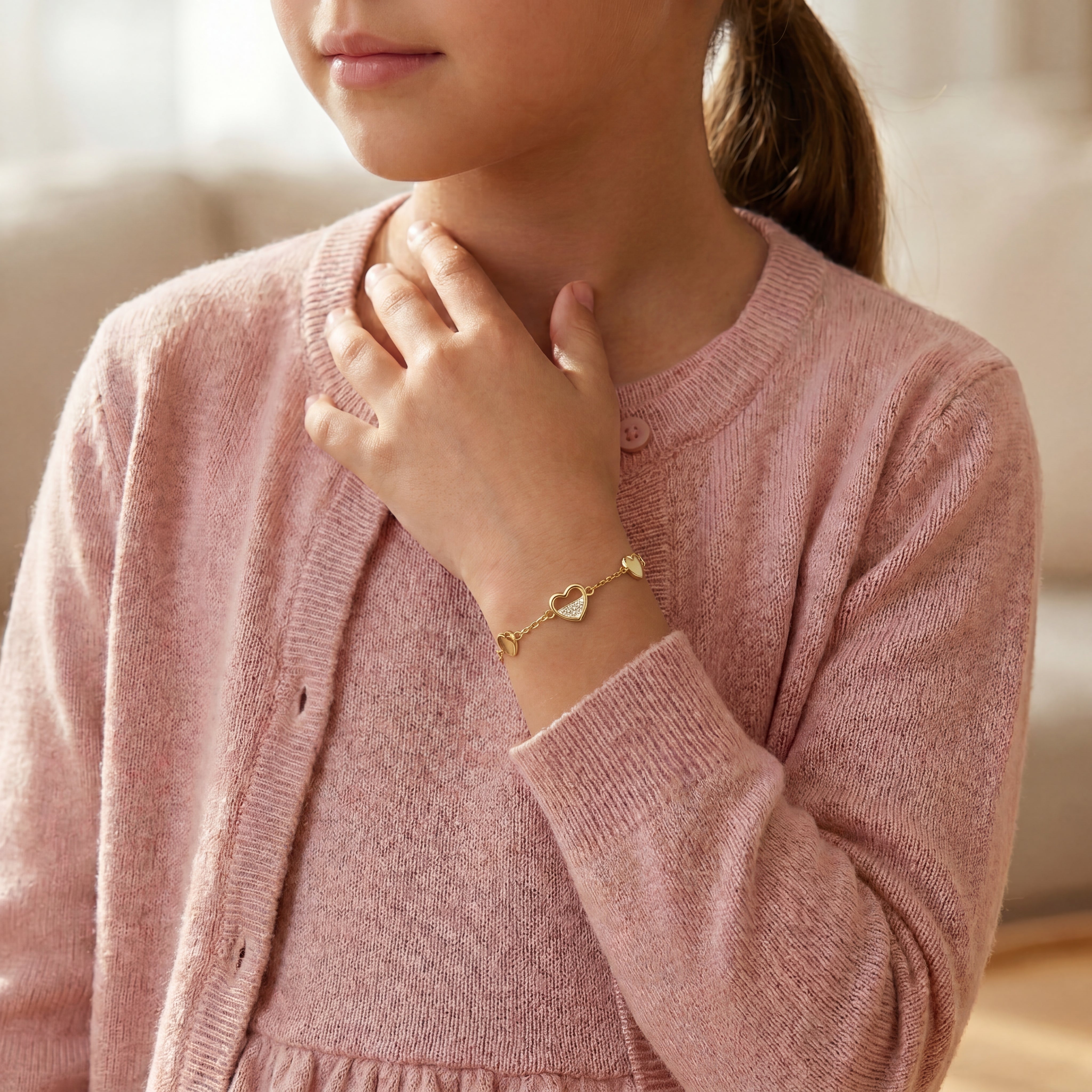 Kids 14K Gold Plated Holo & Solid Hearts Station Bracelet GENEVIVE