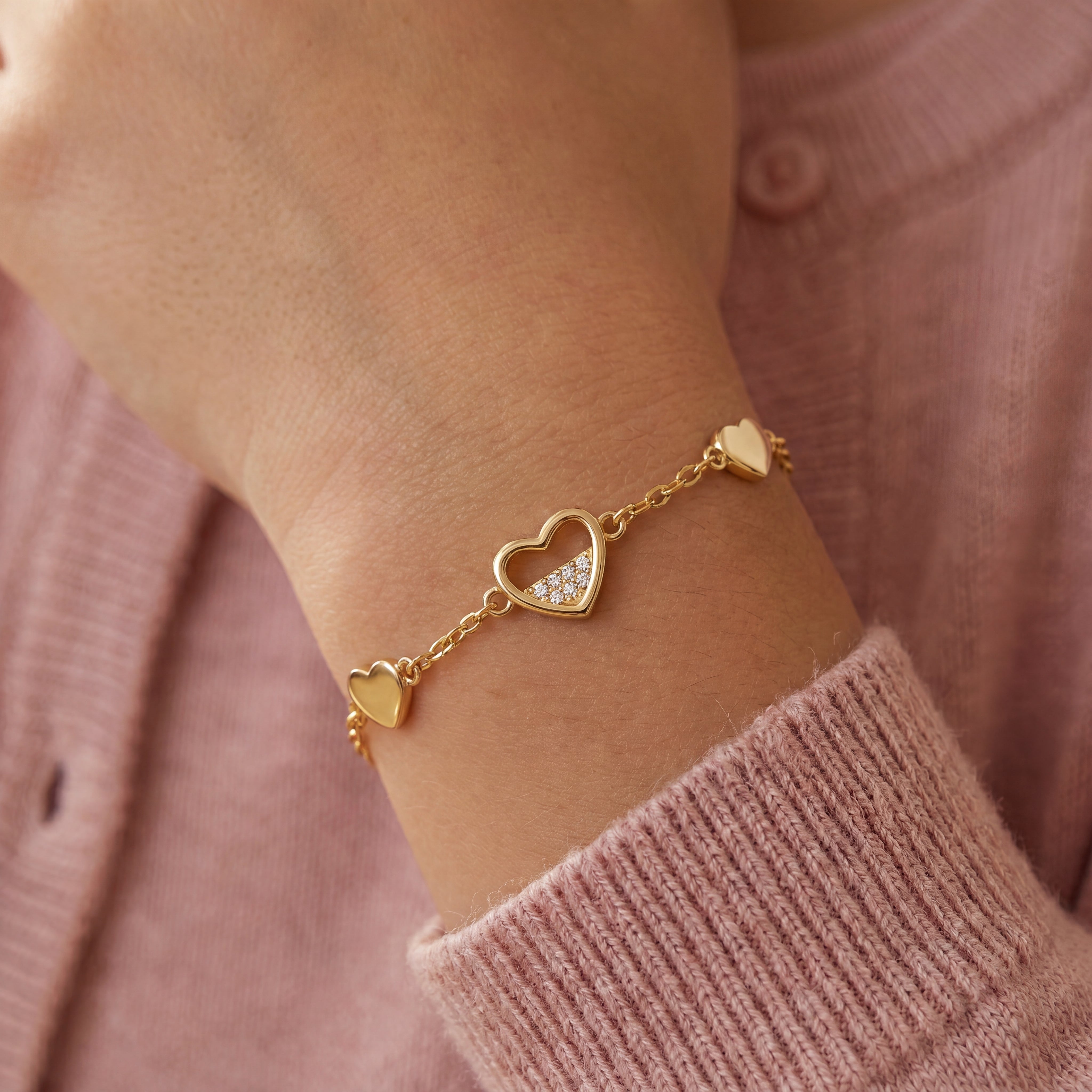 Kids 14K Gold Plated Holo & Solid Hearts Station Bracelet GENEVIVE
