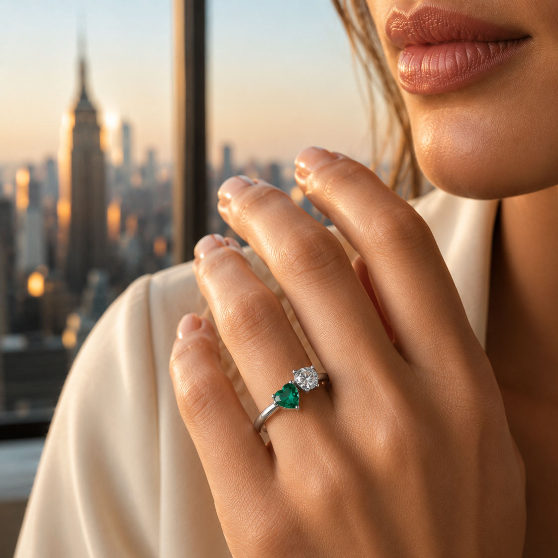 Close-up of a hand wearing an emerald ring with a cityscape in the background