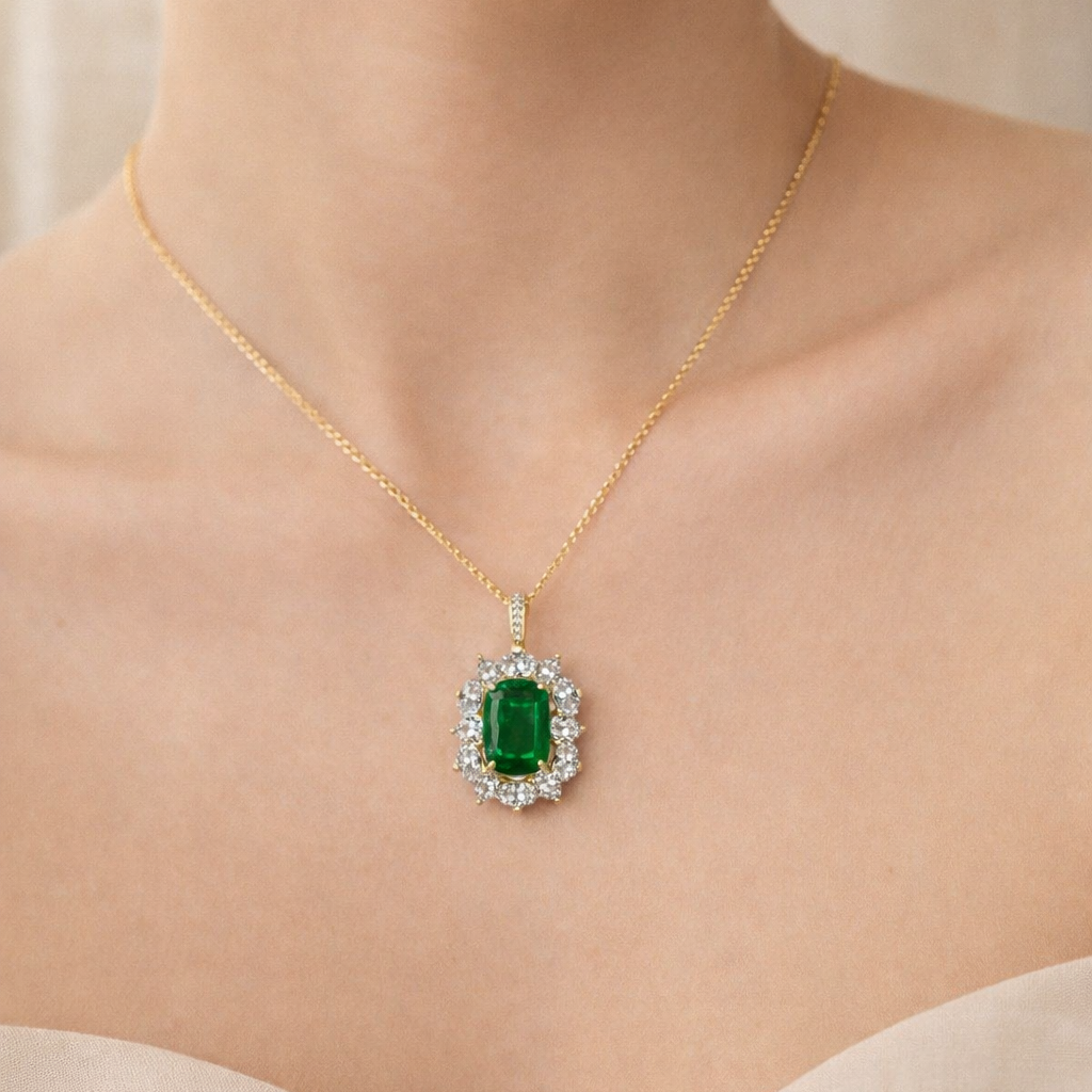 Aurore Green Oval Halo Cluster Couture Necklace GENEVIVE