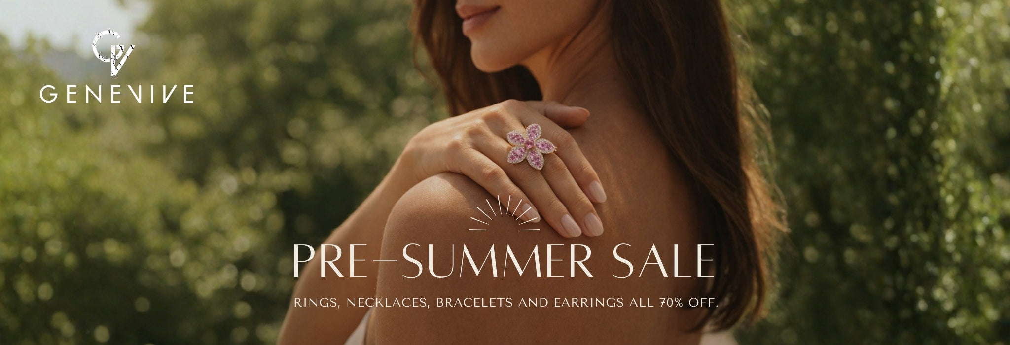 Woman wearing a pink flower ring with Genensive branding and pre-summer sale text.
