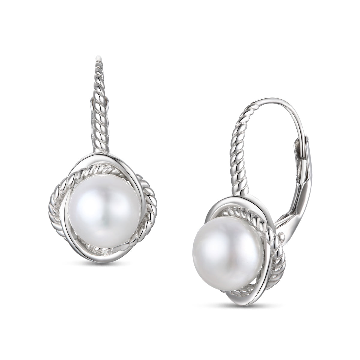 White Gold Plated with Pearl Twisted Rope Design Leverback Earrings Genevive