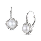 White Gold Plated with Pearl Twisted Rope Design Leverback Earrings Genevive