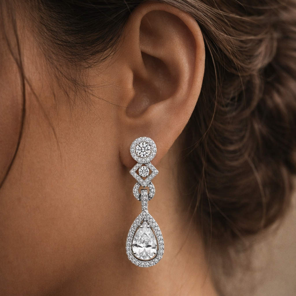 Close-up of a woman wearing a diamond earring with a blurred background