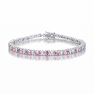 Silver bracelet with pink gemstones on a white background