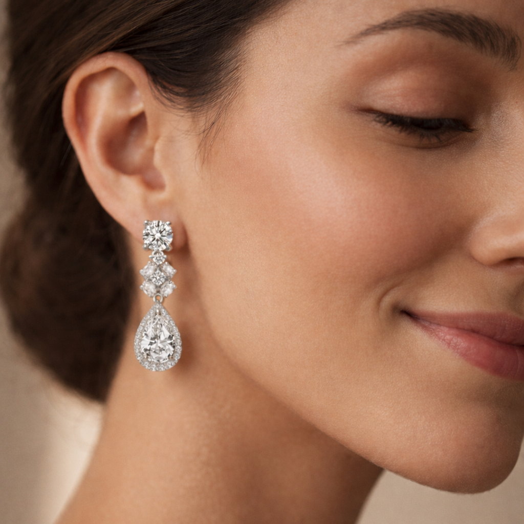 Close-up of a woman wearing elegant teardrop earrings with a neutral background