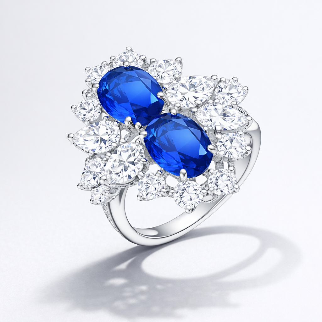 Elegant ring with blue gemstones and diamond accents on a light gray background