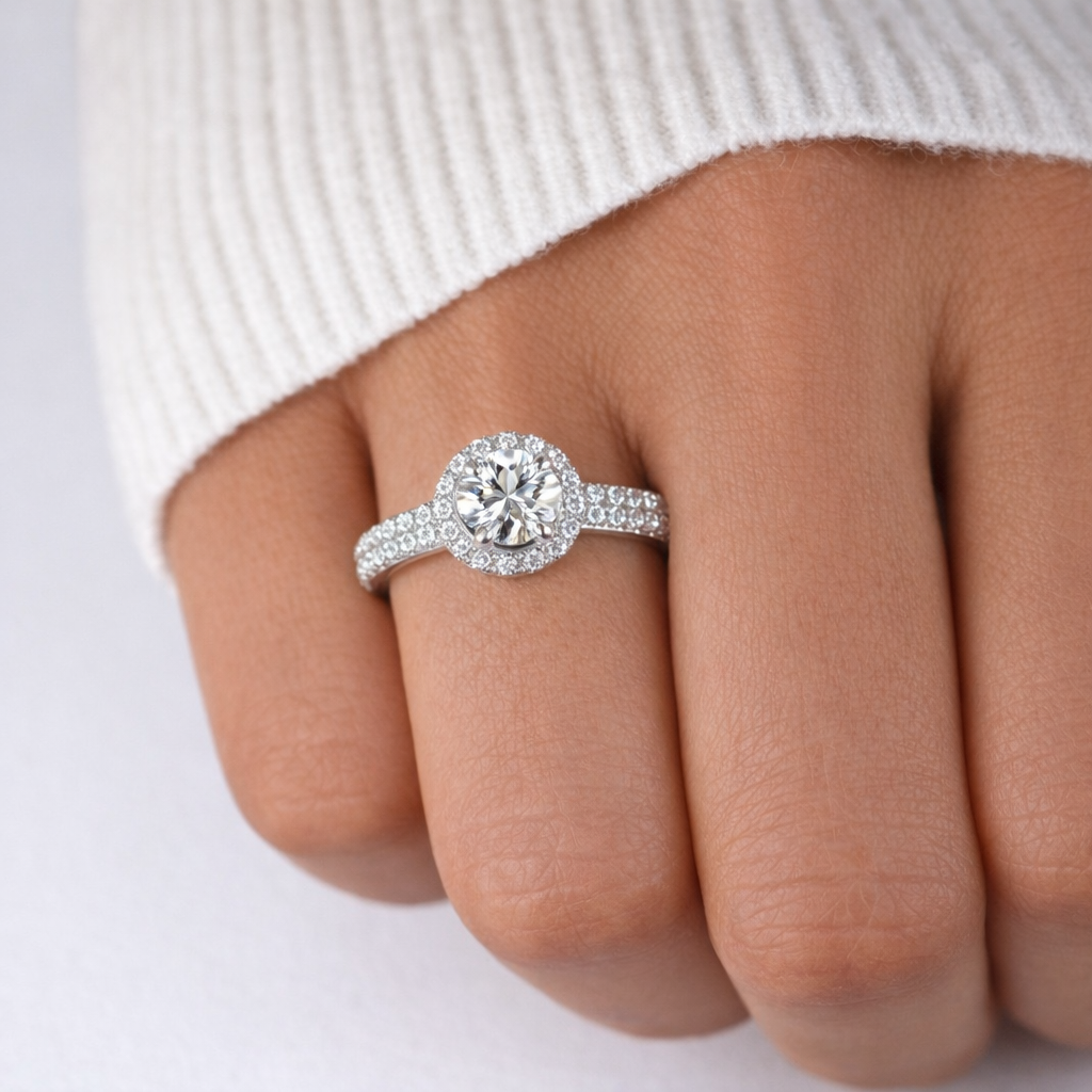Diamond ring on a person's finger against a white background
