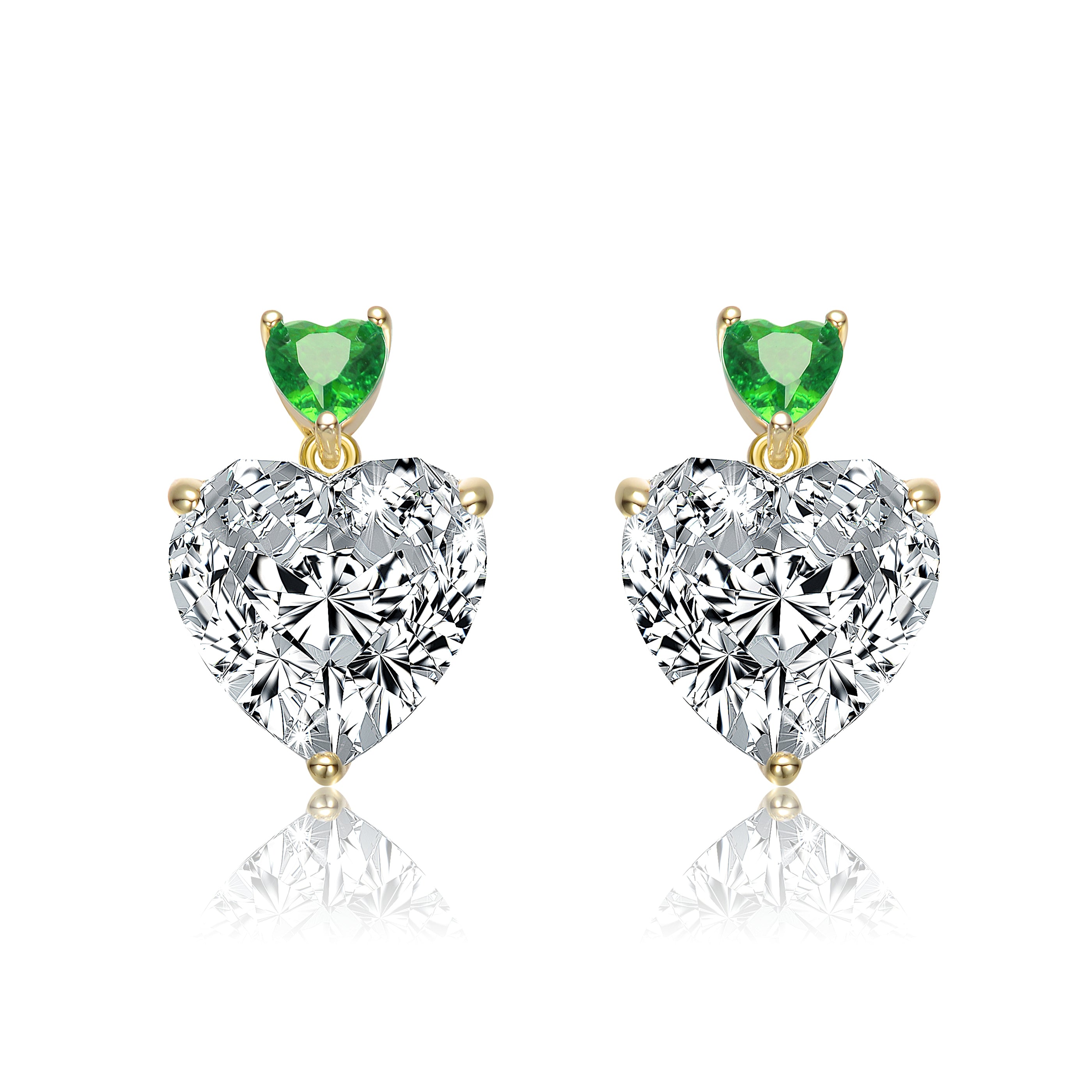 Sterling Silver 14k Gold Plated with Colored Cubic Zirconia Two-Stone Heart Dangle Earrings GENEVIVE