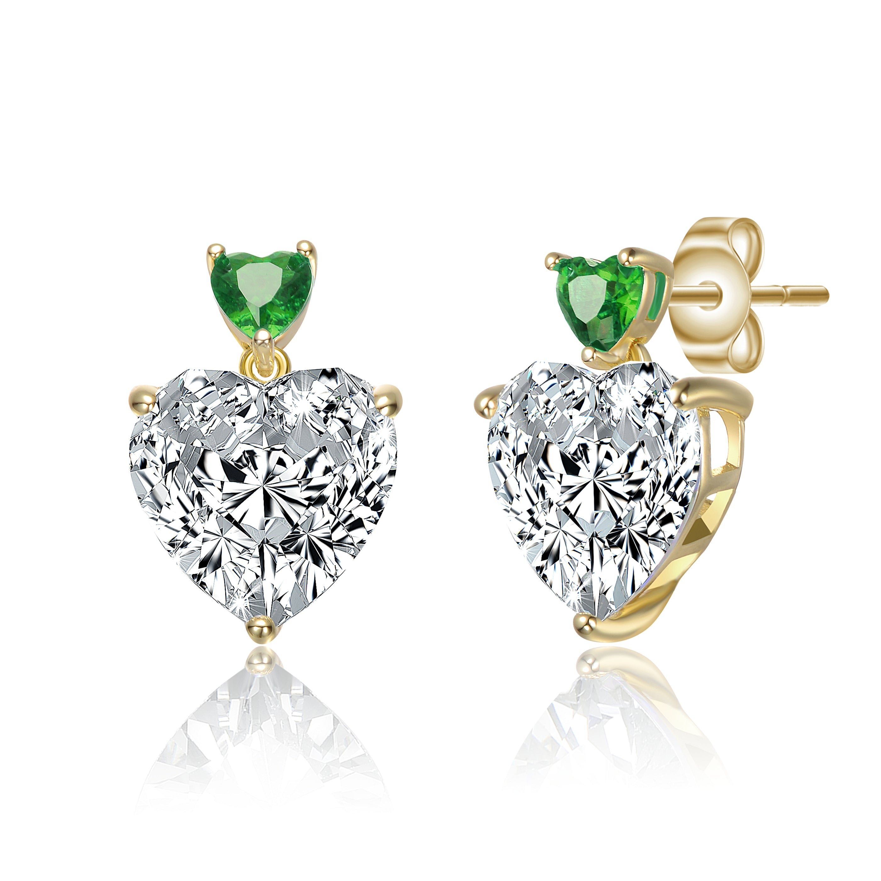 Sterling Silver 14k Gold Plated with Colored Cubic Zirconia Two-Stone Heart Dangle Earrings GENEVIVE