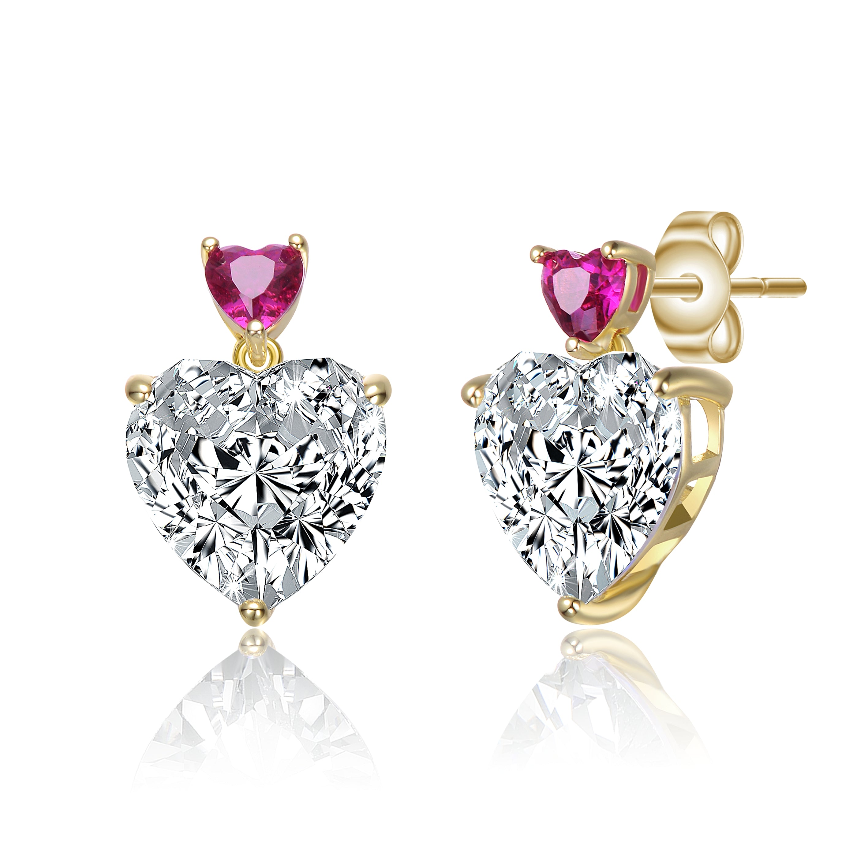 Sterling Silver 14k Gold Plated with Colored Cubic Zirconia Two-Stone Heart Dangle Earrings GENEVIVE