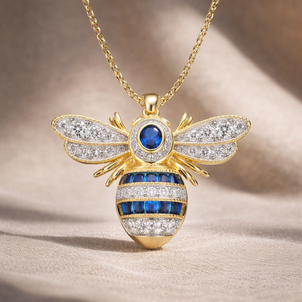 Gold bee-shaped necklace with blue gemstone on a beige background