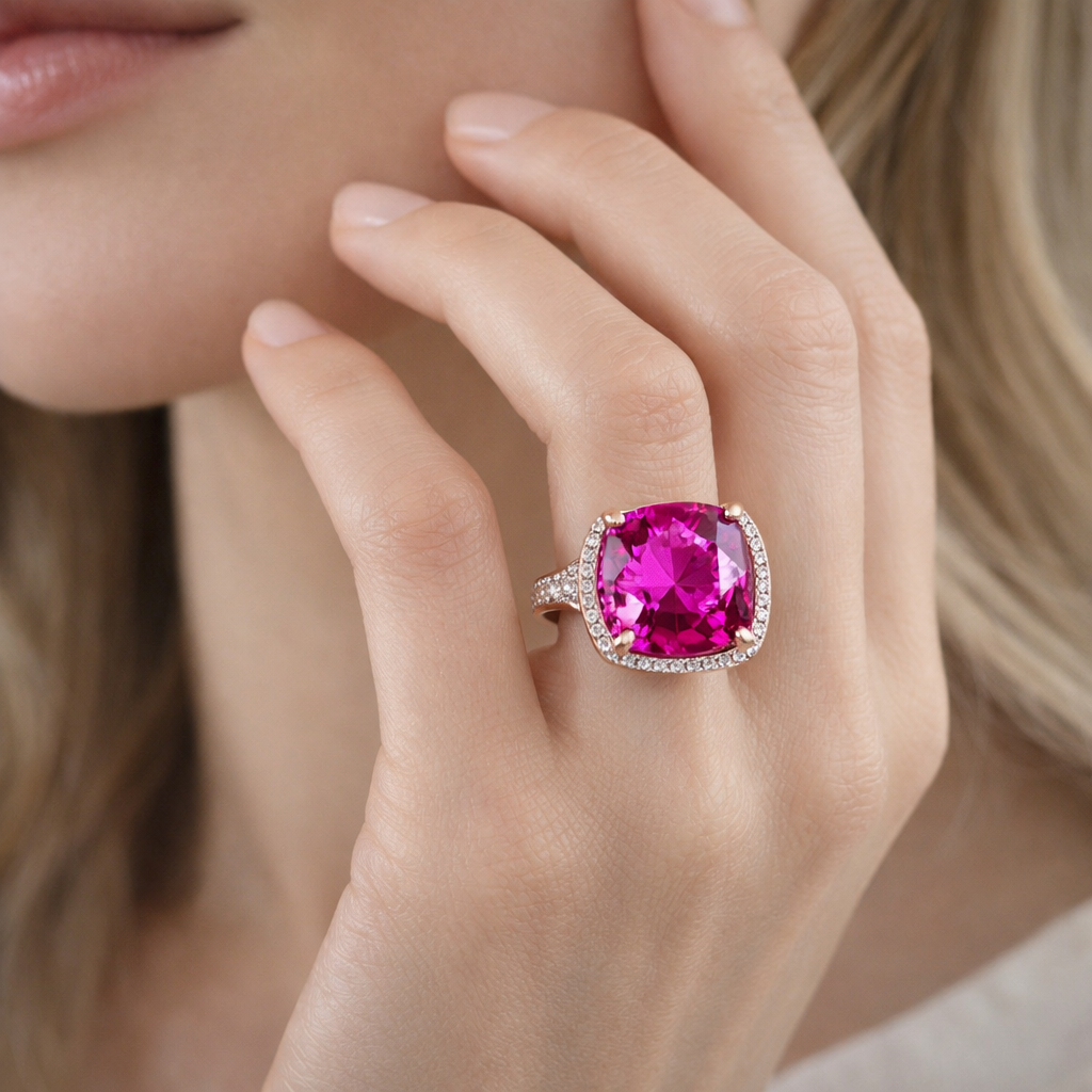 Close-up of a hand wearing a ring with a pink gemstone.