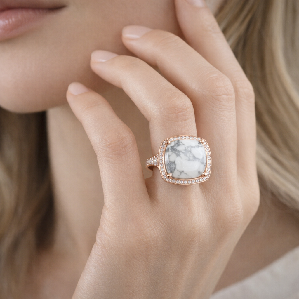 Close-up of a hand wearing a ring with a marble-like stone on a neutral background