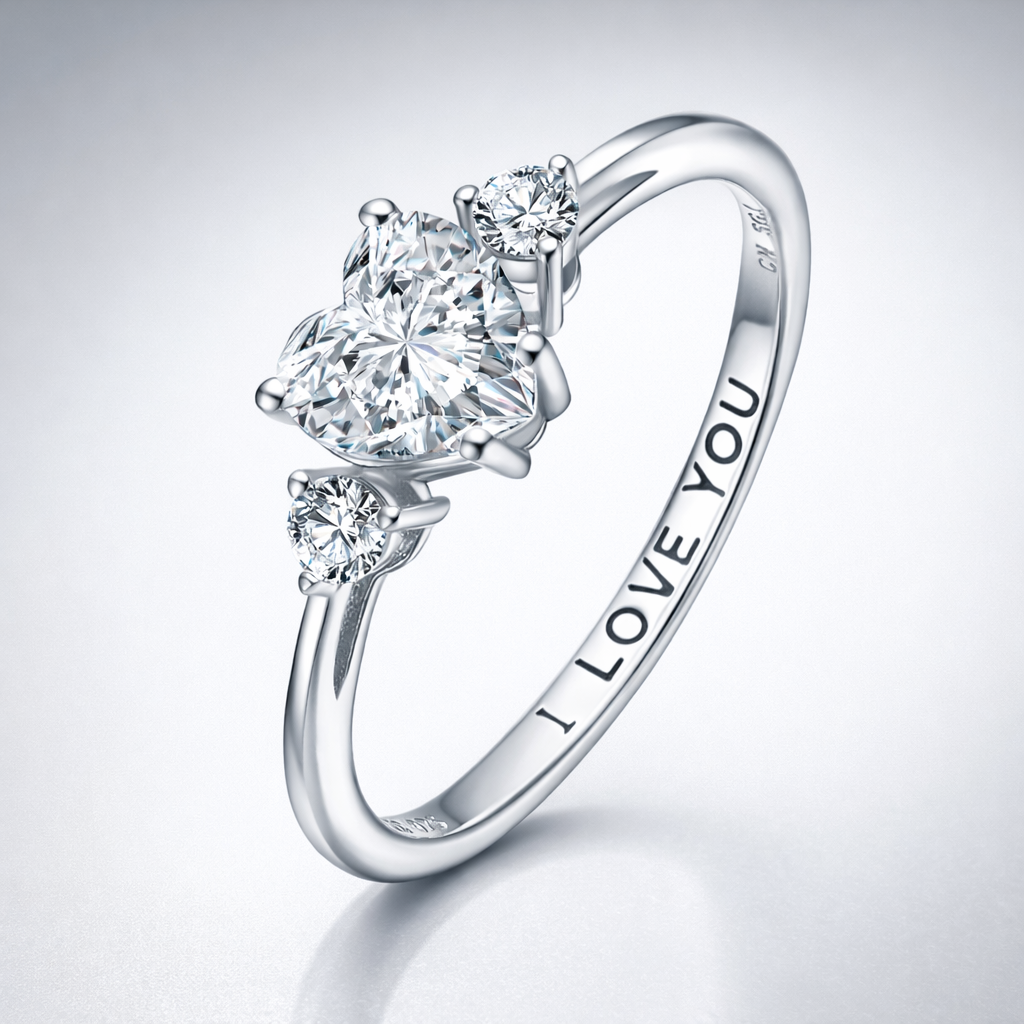 Silver ring with three diamonds and 'I LOVE YOU' engraving on a light gray background