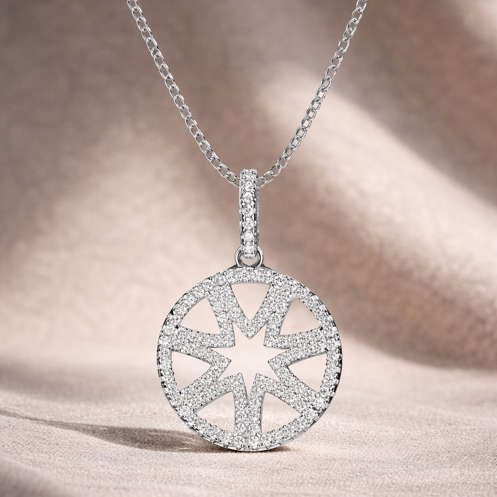 Silver necklace with a star-shaped pendant on a soft fabric background