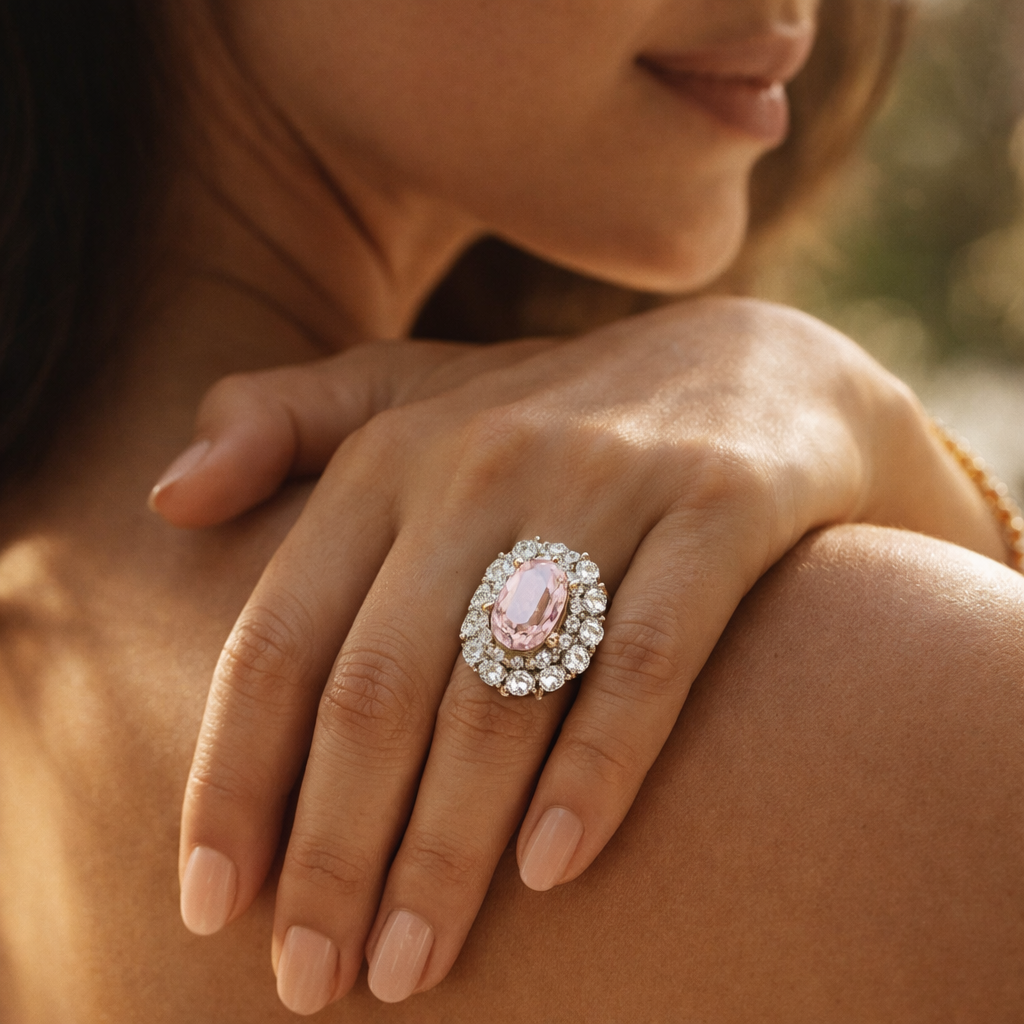 Close-up of a hand wearing an ornate ring with a pink gemstone, outdoors.