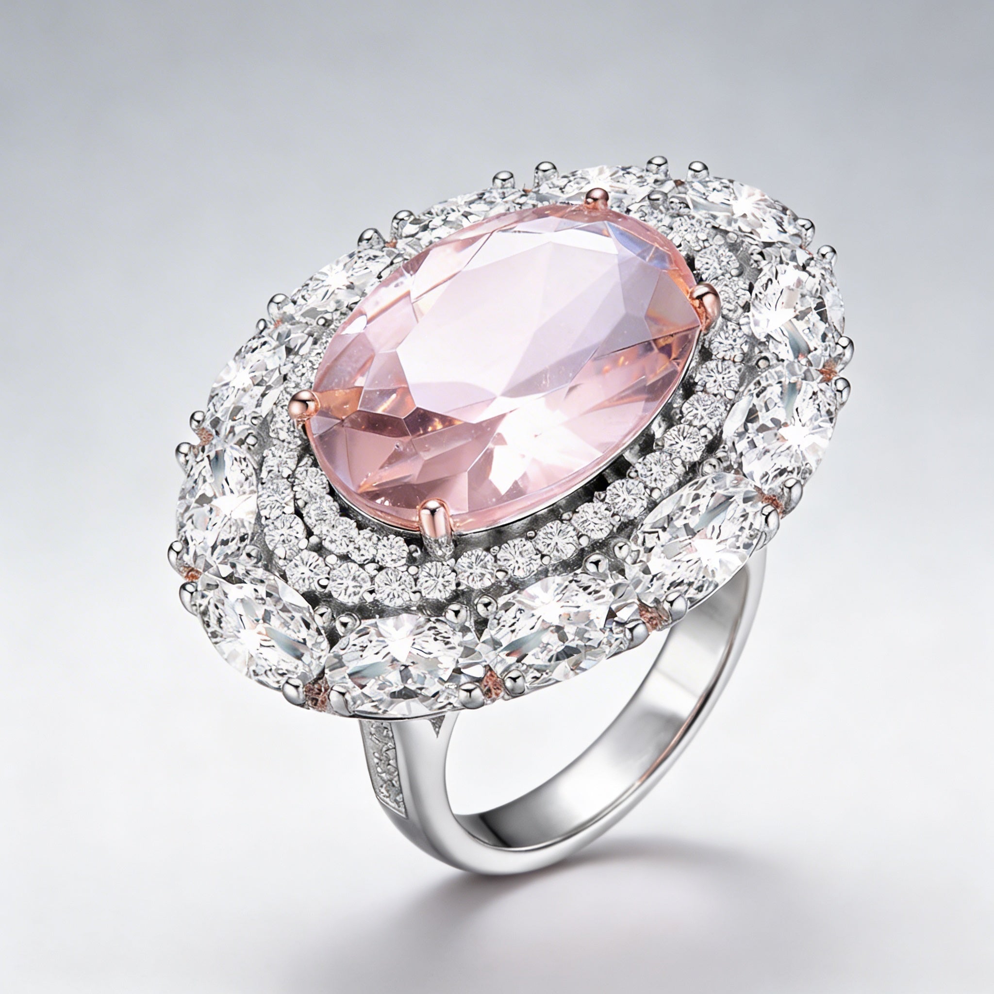 Ring with a pink gemstone and diamond-studded halo on a light gray background