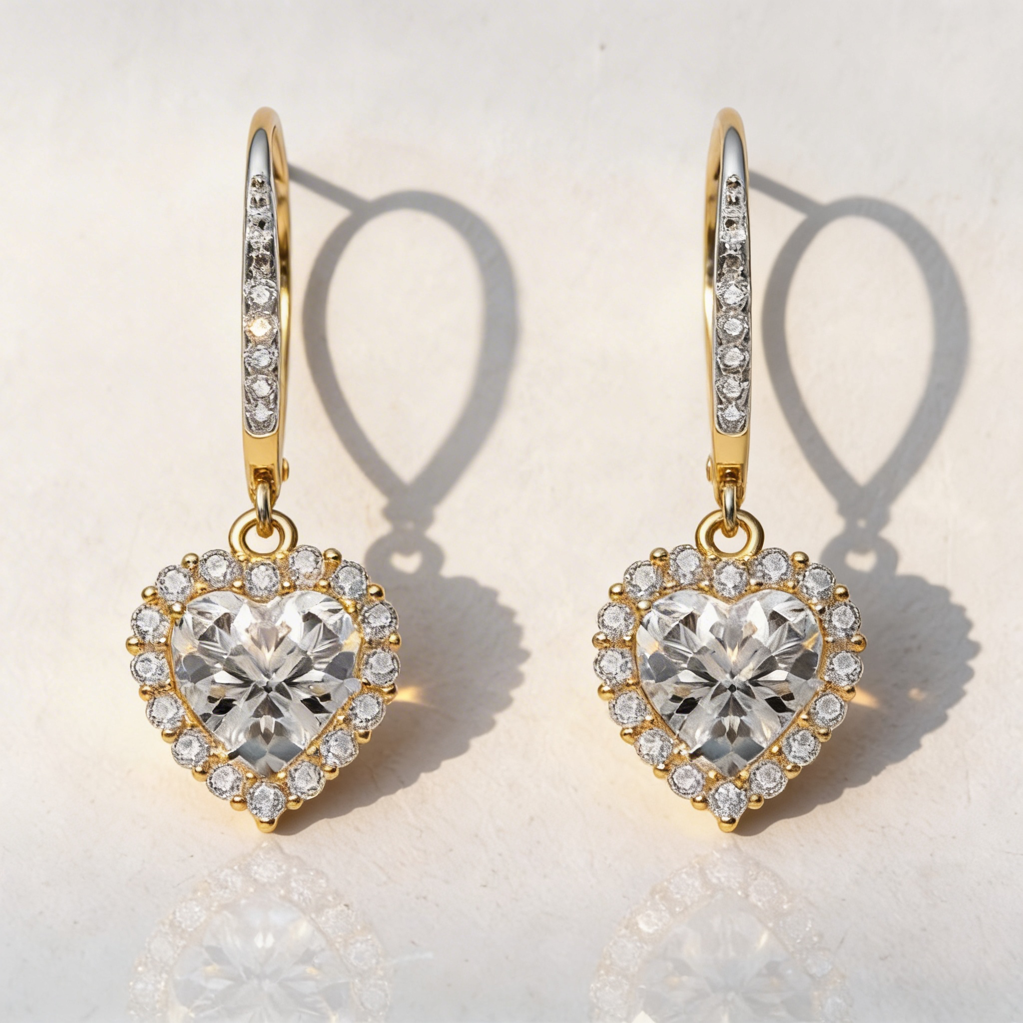 Heart-shaped diamond earrings with gold accents on a light background