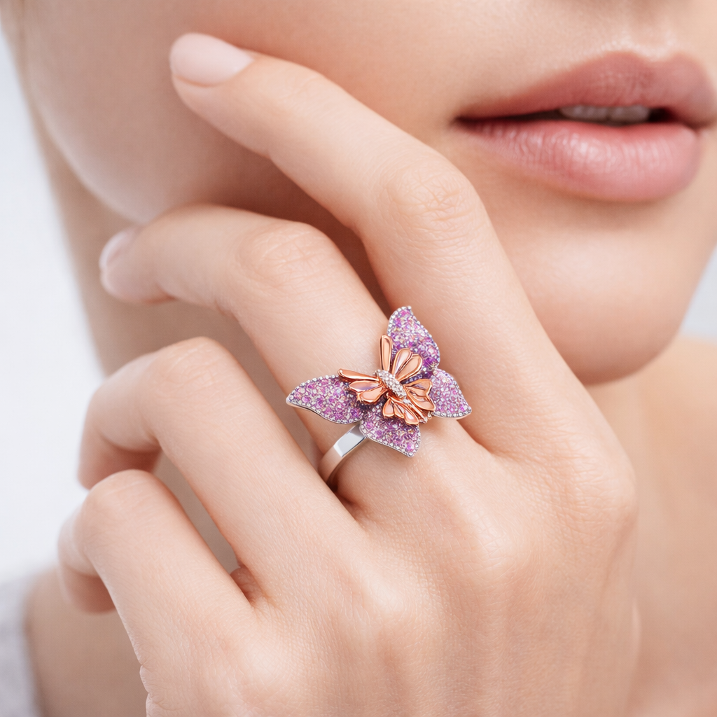 Butterfly-shaped ring with pink gemstones on a finger
