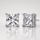 Pair of diamond stud earrings on a reflective surface with a light gray background