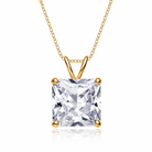 Gold necklace with a square-cut diamond pendant on a white background